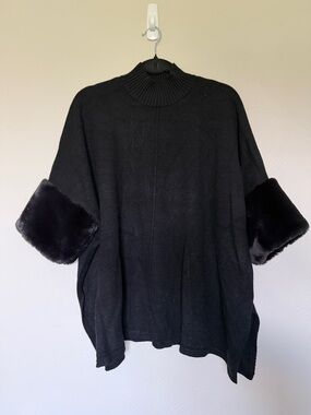 Alfani Black Funnel Neck Sweater with Faux-Fur Cuff Sleeves